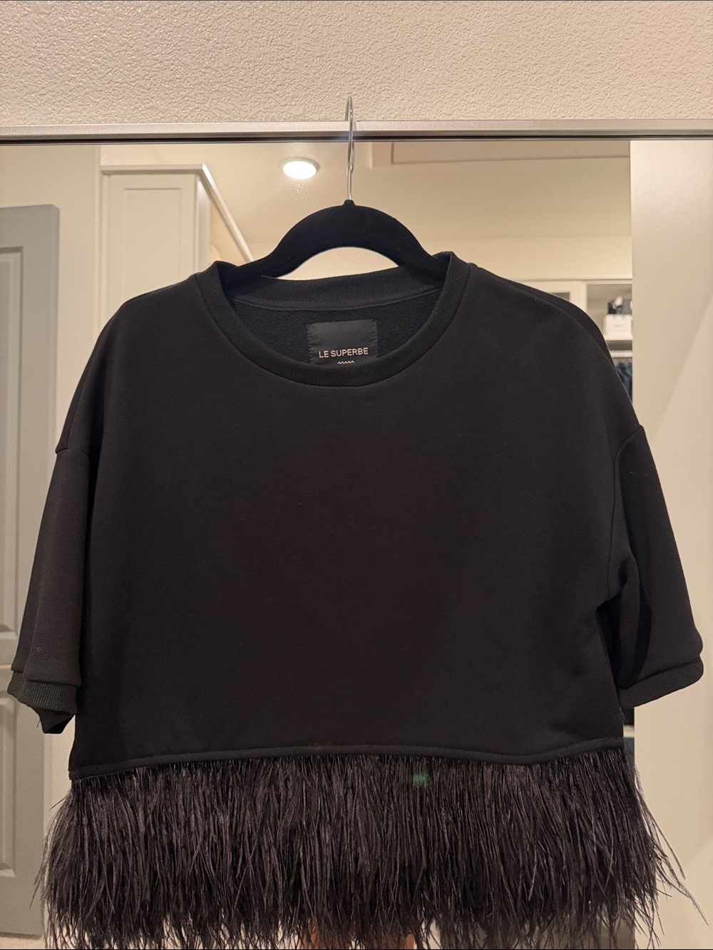 Le Superbe Black Feather-Trim Short Sleeve Top